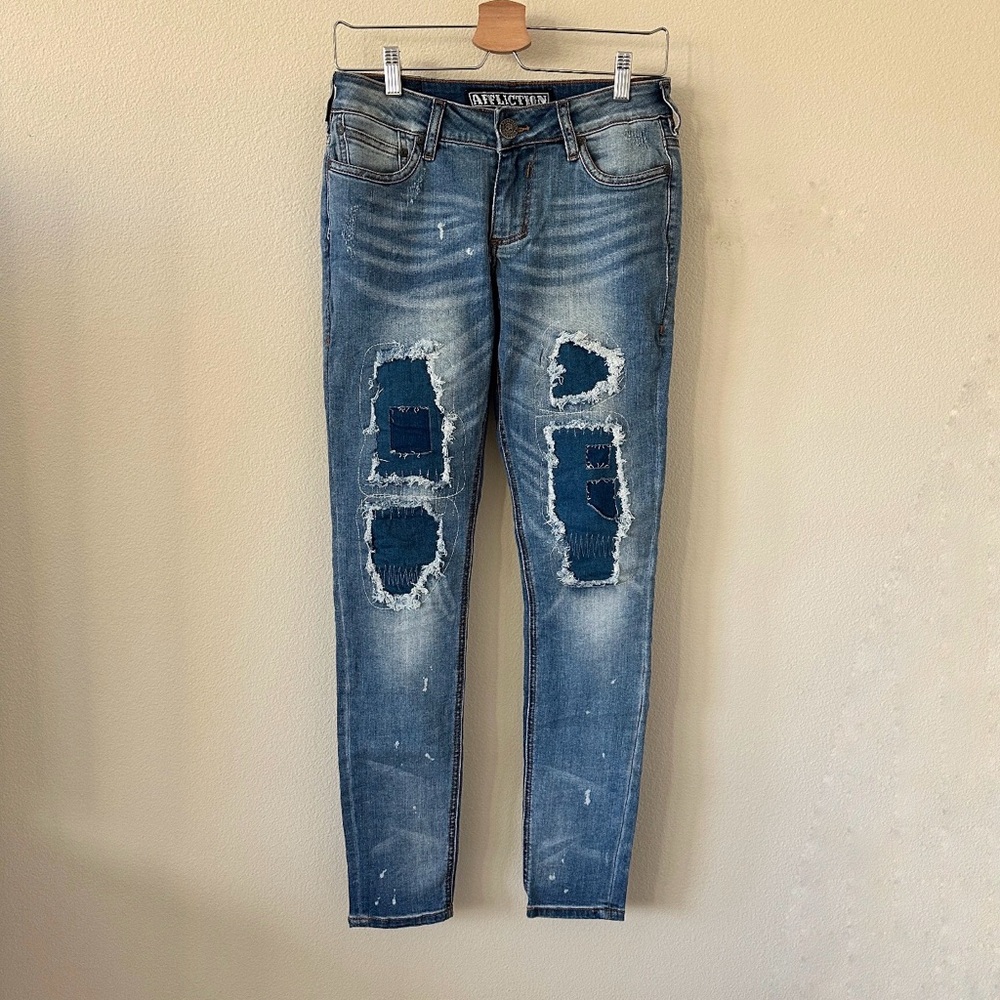 Affliction Blue Distressed Patchwork Low-Rise Skinny Jeans NWOT Size 27